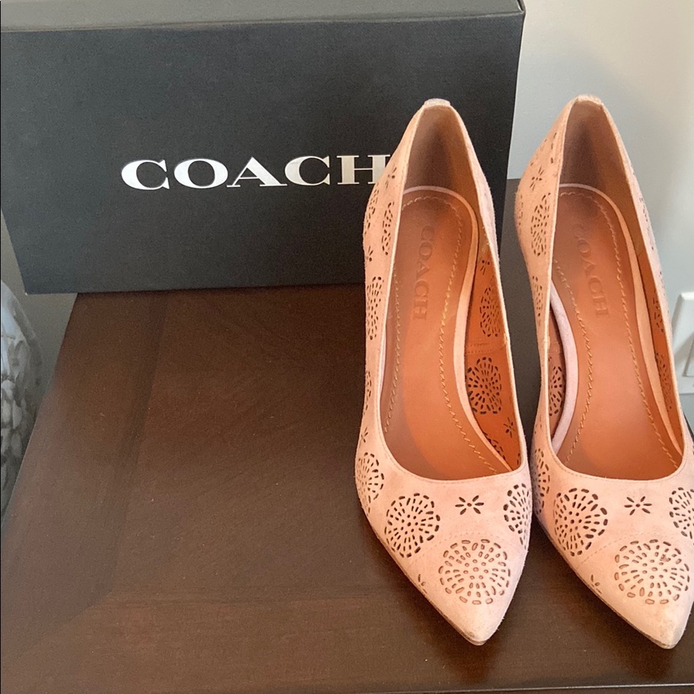 Coach Women's Pink Suede Laser-Cut Pointed Toe Heels